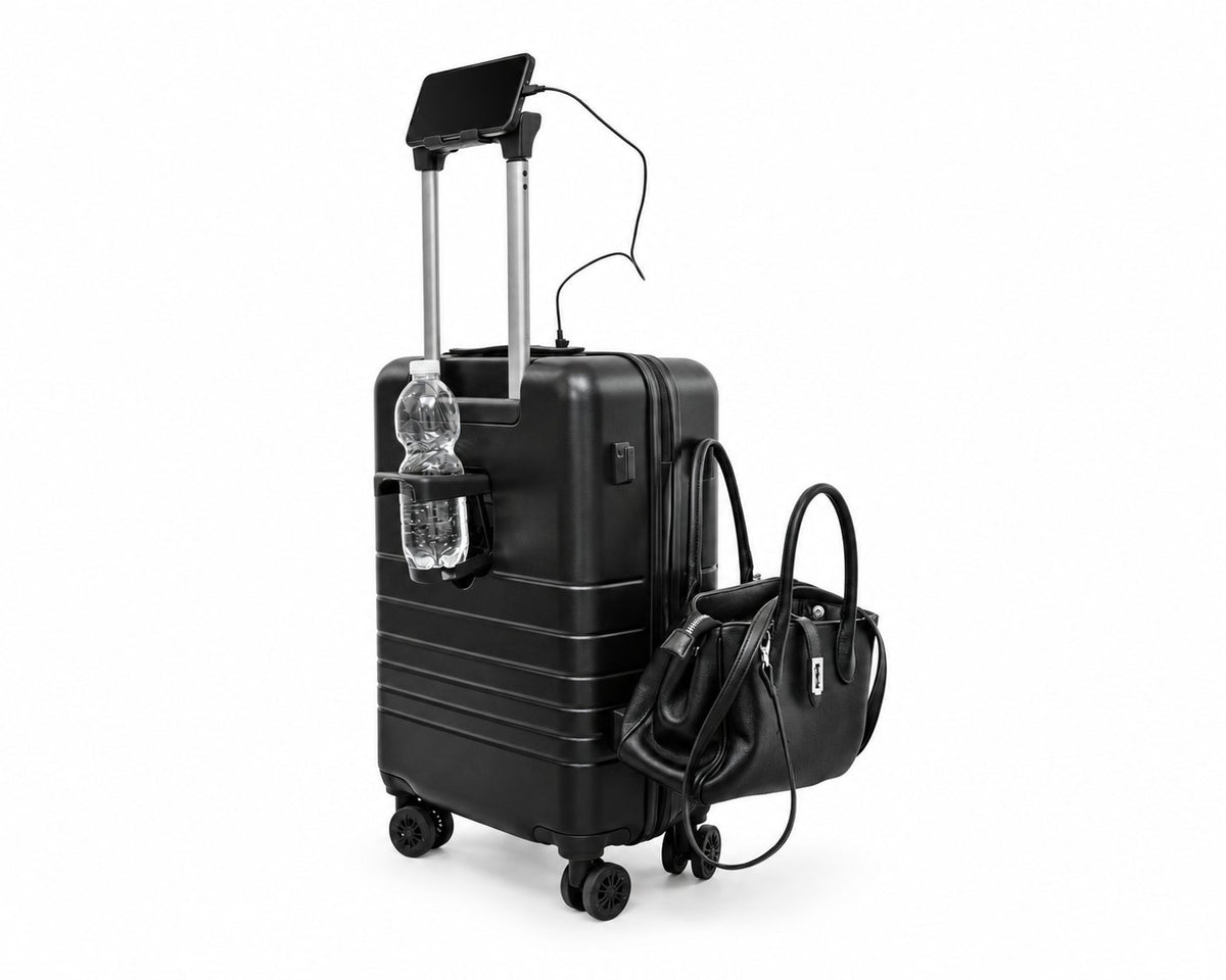 Trolley da cabina THESÈ con smartphone in carica sul manico, bottiglia nel portabevande e borsa appesa al gancio