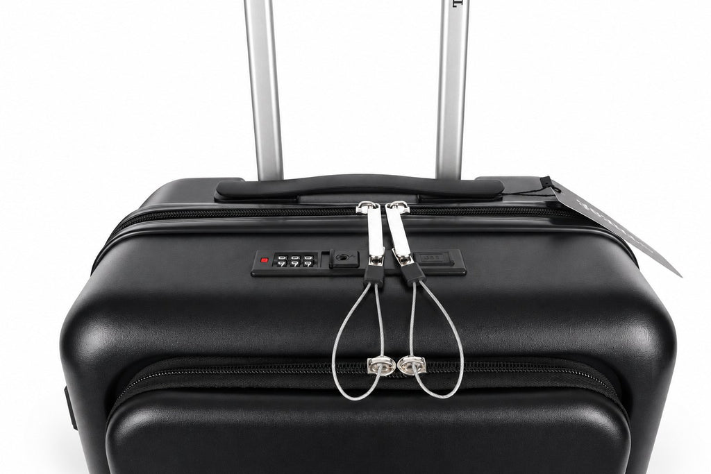 Trolley da cabina THESÈ visto dall'alto con lucchetto TSA a combinazione e porta USB