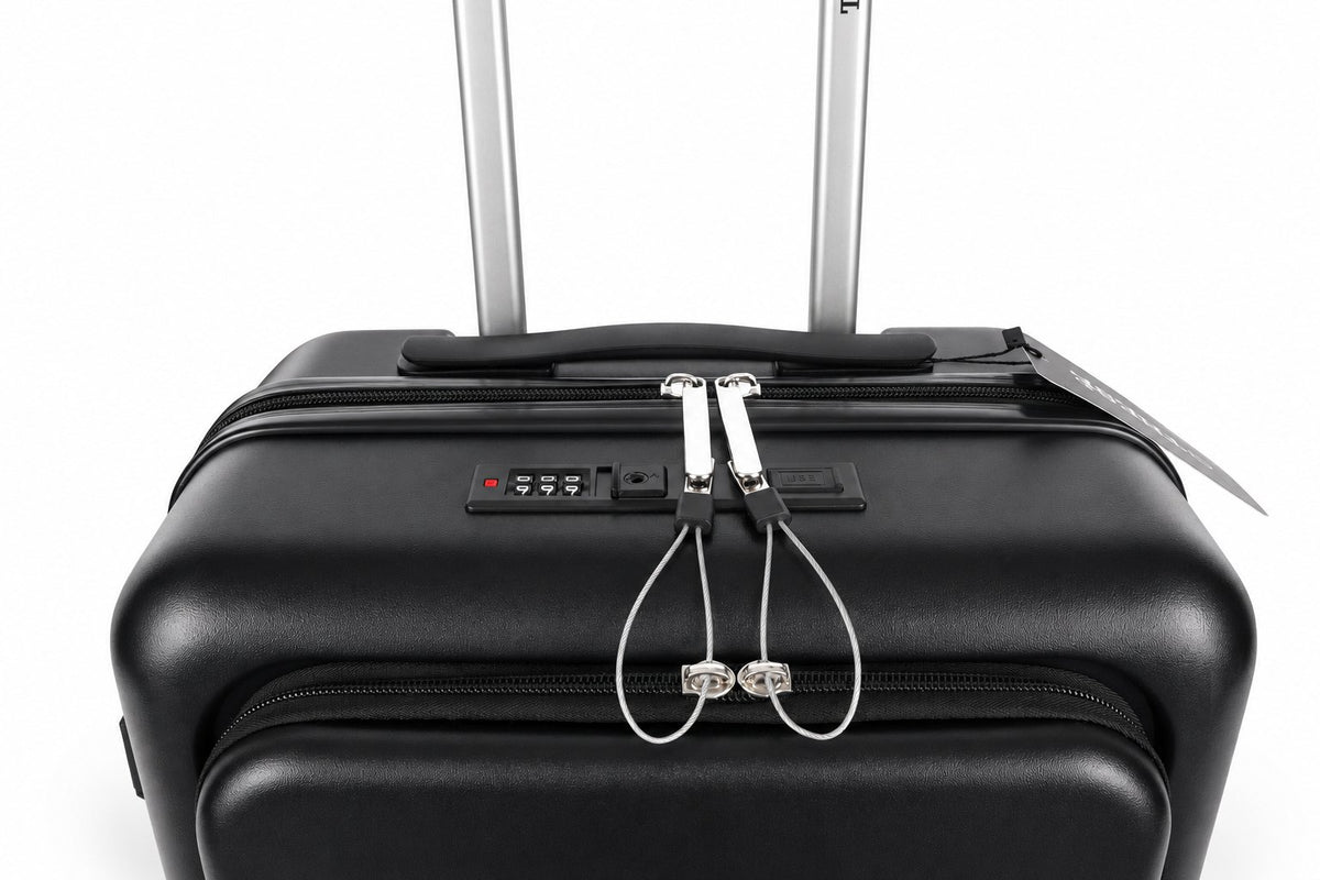 Trolley da cabina THESÈ visto dall'alto con lucchetto TSA a combinazione e porta USB