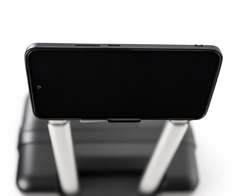 Smartphone appoggiato sul supporto della maniglia del trolley THESÈ