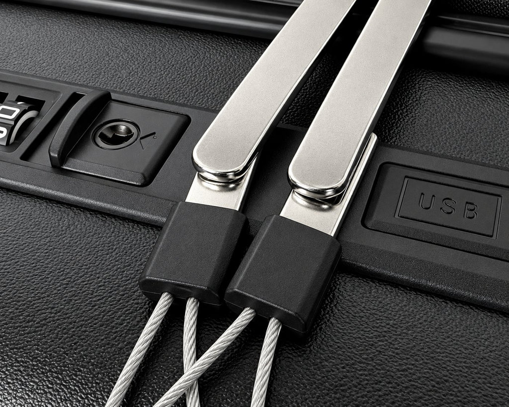 Dettaglio delle zip con cavi in acciaio e della porta USB del trolley THESÈ